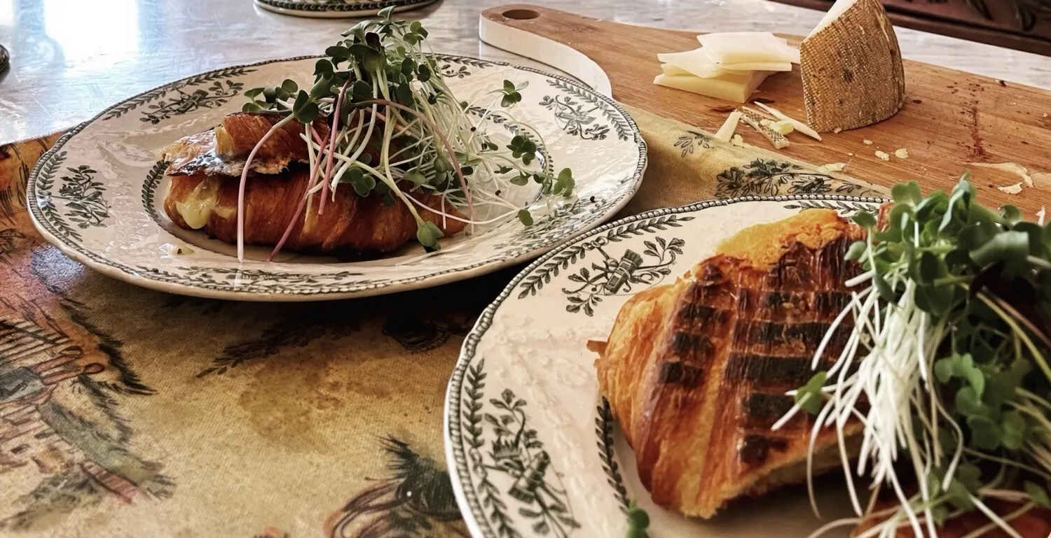 Toasted croissant with greens on a patterned plate